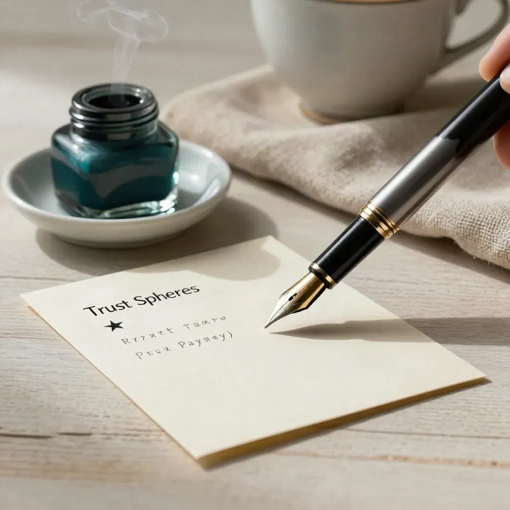 Fountain pen, teal ink dish, folded reply card and tea steam on pale wood.