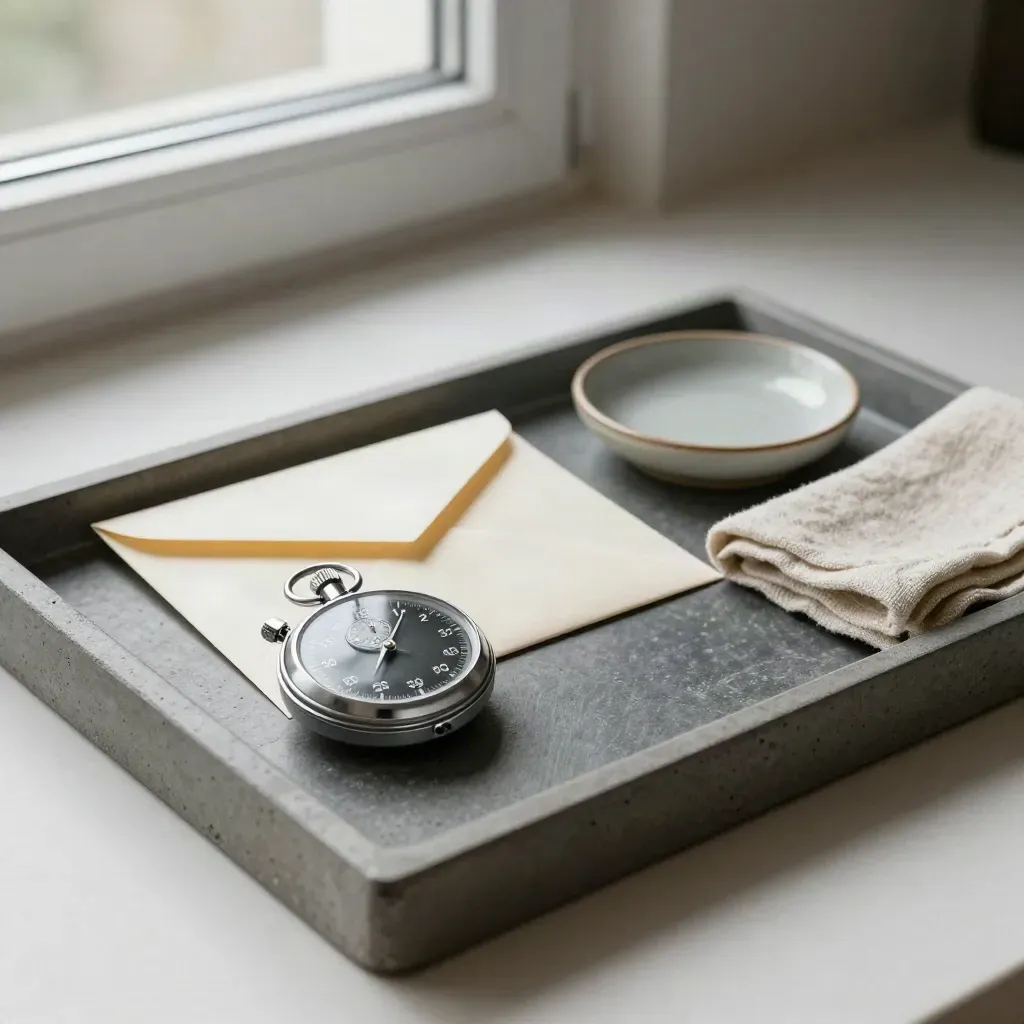 Slate incident tray with stopwatch, sealed envelope, ceramic dish and folded cloth on stone