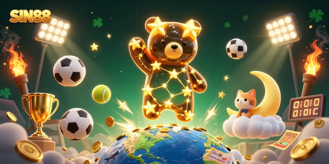 SIN88 showcases an energetic casino scene with a constellation bear, sports elements, and gold coins thriving together.