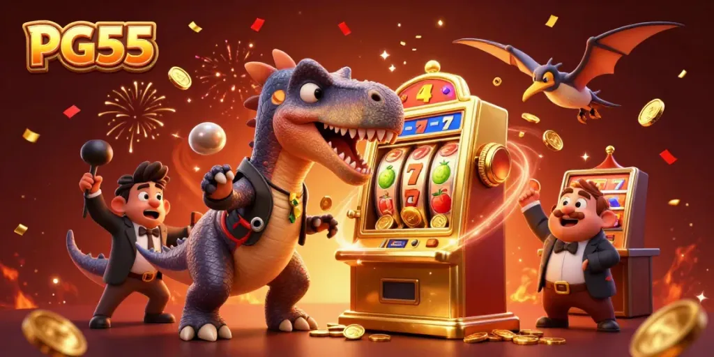 PG55 thrills as a dinosaur hits the jackpot at the casino, surrounded by vibrant slot games.