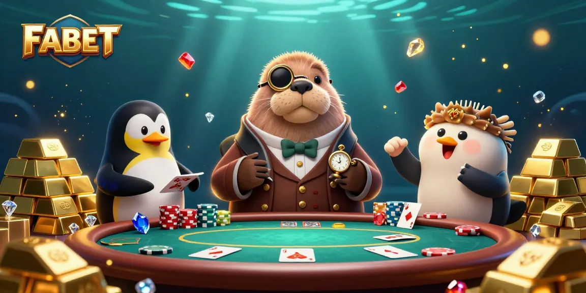 Experience FABET at an underwater poker game with a stylish walrus, thrilling ambiance, and vibrant gems.
