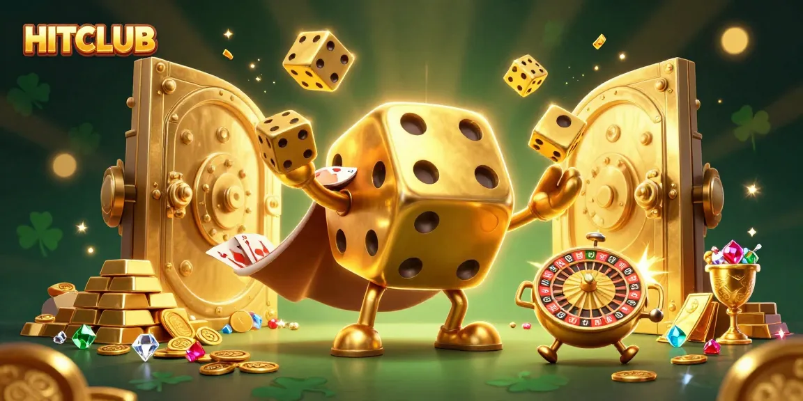 Experience HITCLUB's vibrant casino world with golden dice, treasures, and engaging gaming elements.