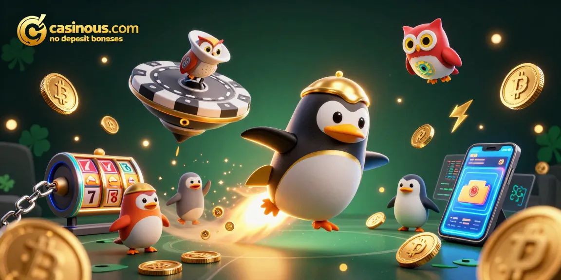 Experience the thrill of casinous.com no deposit bonuses with a dynamic illustration of a penguin rocket blasting through a vibrant casino-themed space.