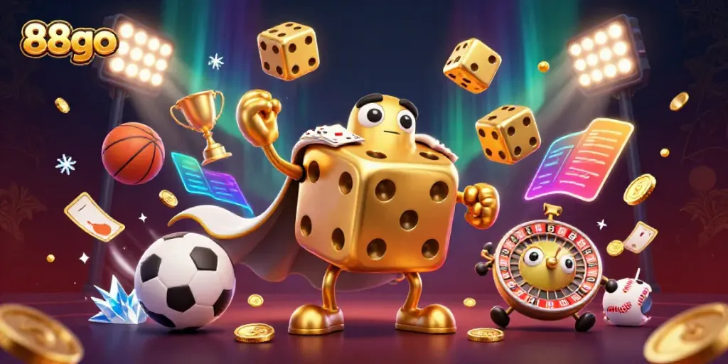 Navigate the thrilling world of 88go with vibrant sports and casino elements in a captivating 3D scene.