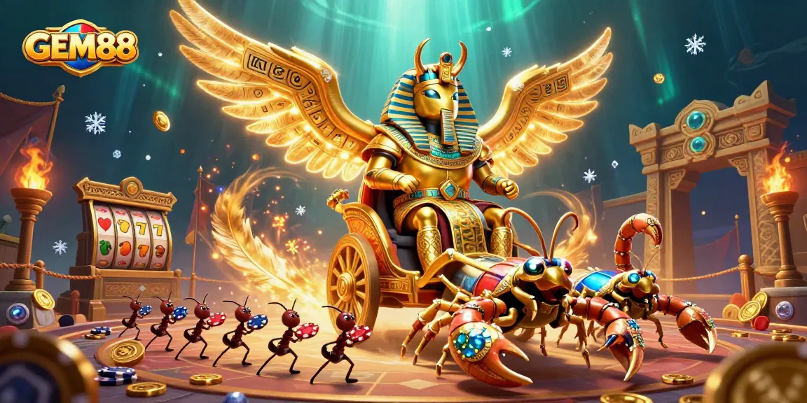 Experience the thrill of GEM88 with a vibrant, action-packed casino scene featuring engaging characters and symbols.