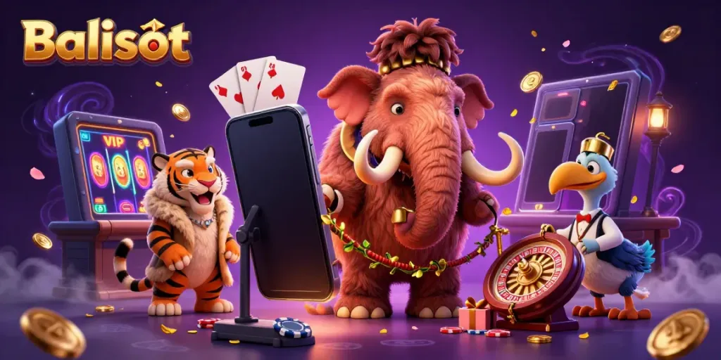 Enjoy high-energy gaming at Balislot with a vibrant casino illustration featuring unique characters.