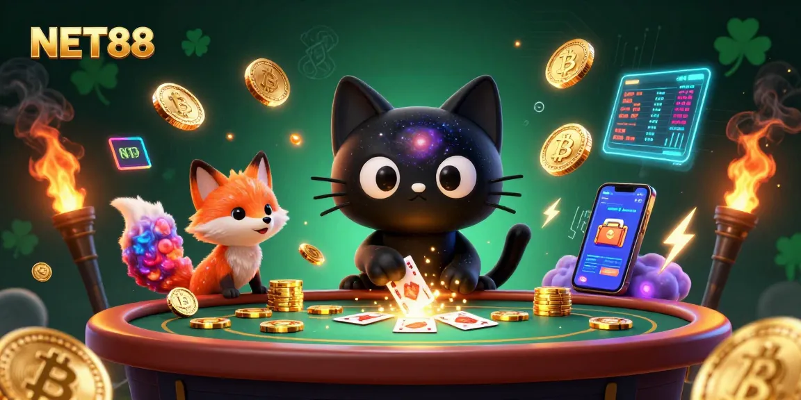 NET88 transforms casino gameplay with a cosmic scene of a black hole cat and nebula fox in action.