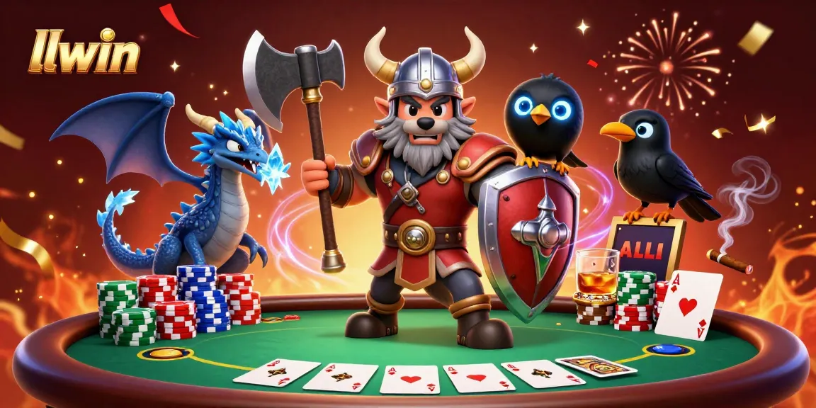 Engage in thrilling poker action at llwin with a Viking wolf warrior and dragon amidst vibrant 3D casino chaos.