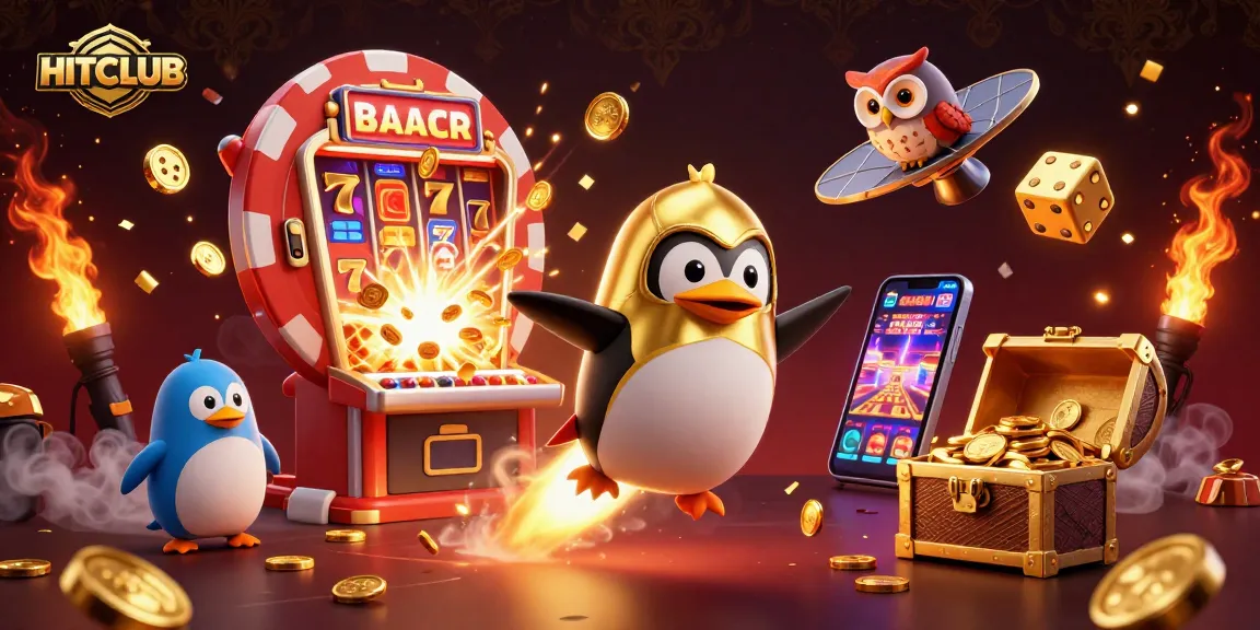Experience the HITCLUB thrill with a golden penguin in a vibrant casino universe.