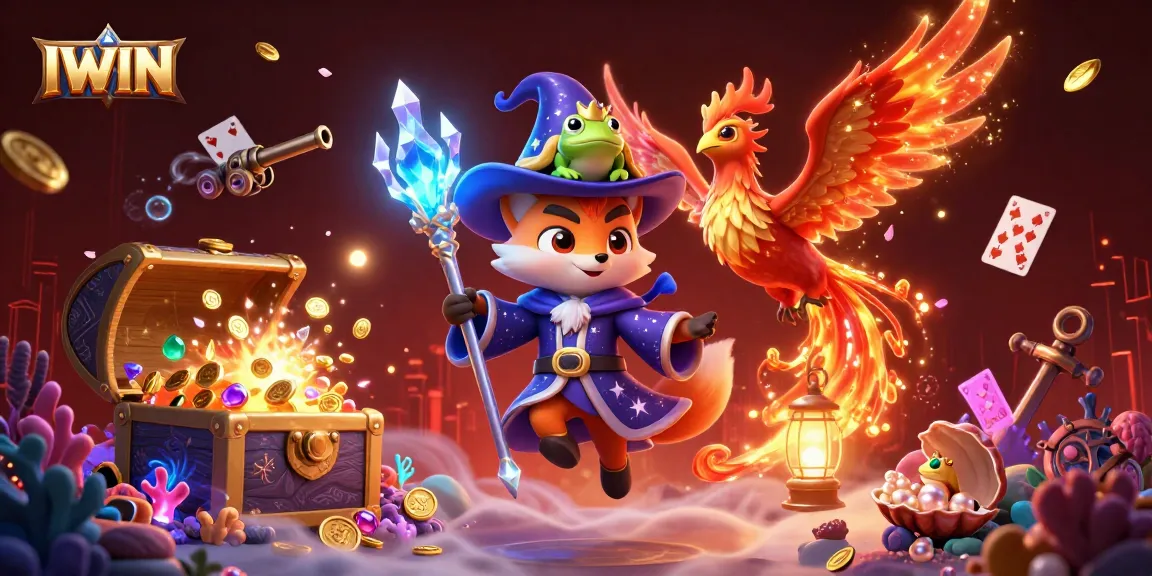 IWIN casino features a mystical wizard fox alongside a phoenix in an enchanting 3D illustration filled with treasure.