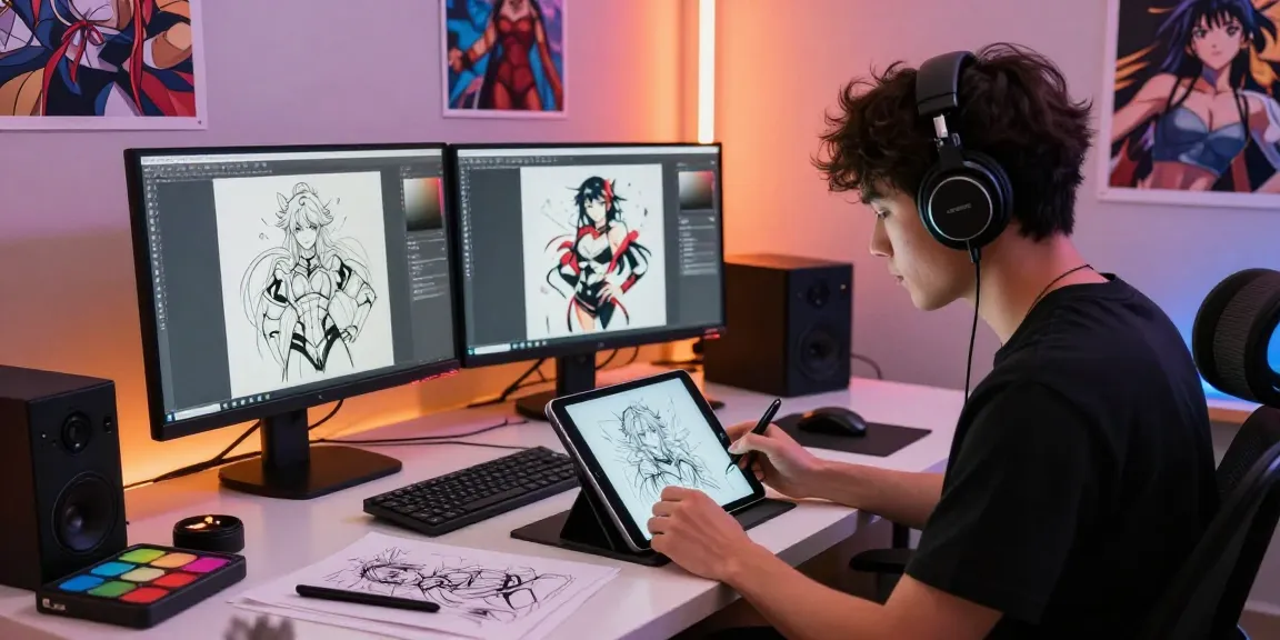 Creating ecchi ai art in a vibrant digital studio with anime characters and dynamic expressions.