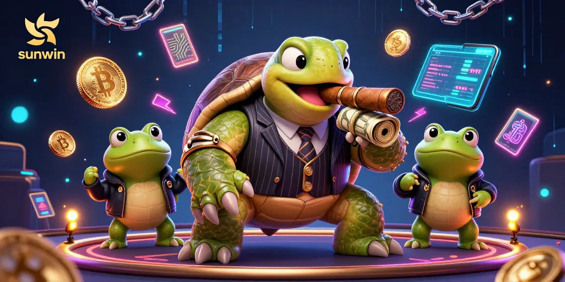 Engage with sunwin's vibrant casino scene featuring a turtle boss and frog enforcers among neon crypto elements.