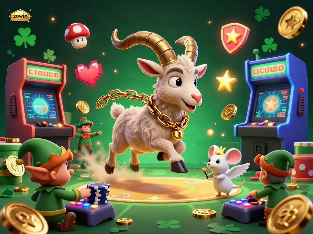 Experience the thrill of zowin with festive gaming scenes featuring a Krampus goat and mischievous gremlins.