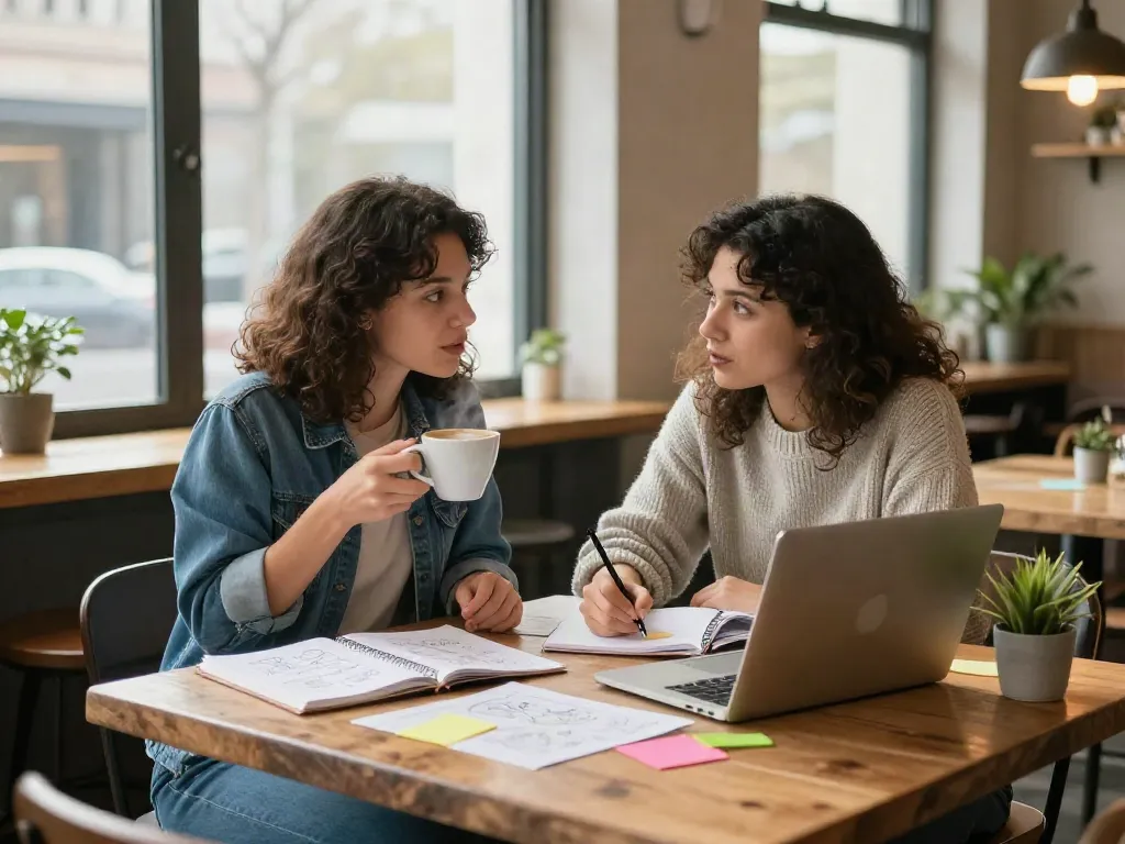 Women collaborating in a cozy café discussing project ideas, she said.