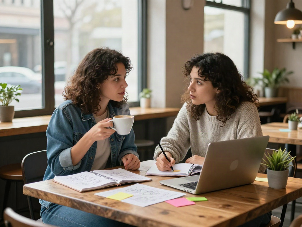 Women collaborating in a cozy café discussing project ideas, she said.