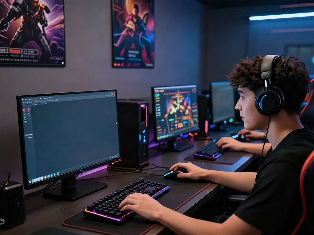 Dynamic online gaming atmosphere showcasing 11bet player engaged with gaming setup.
