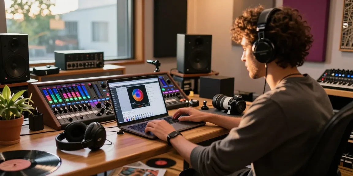 Artist uploading tracks for digital download in a vibrant music studio.