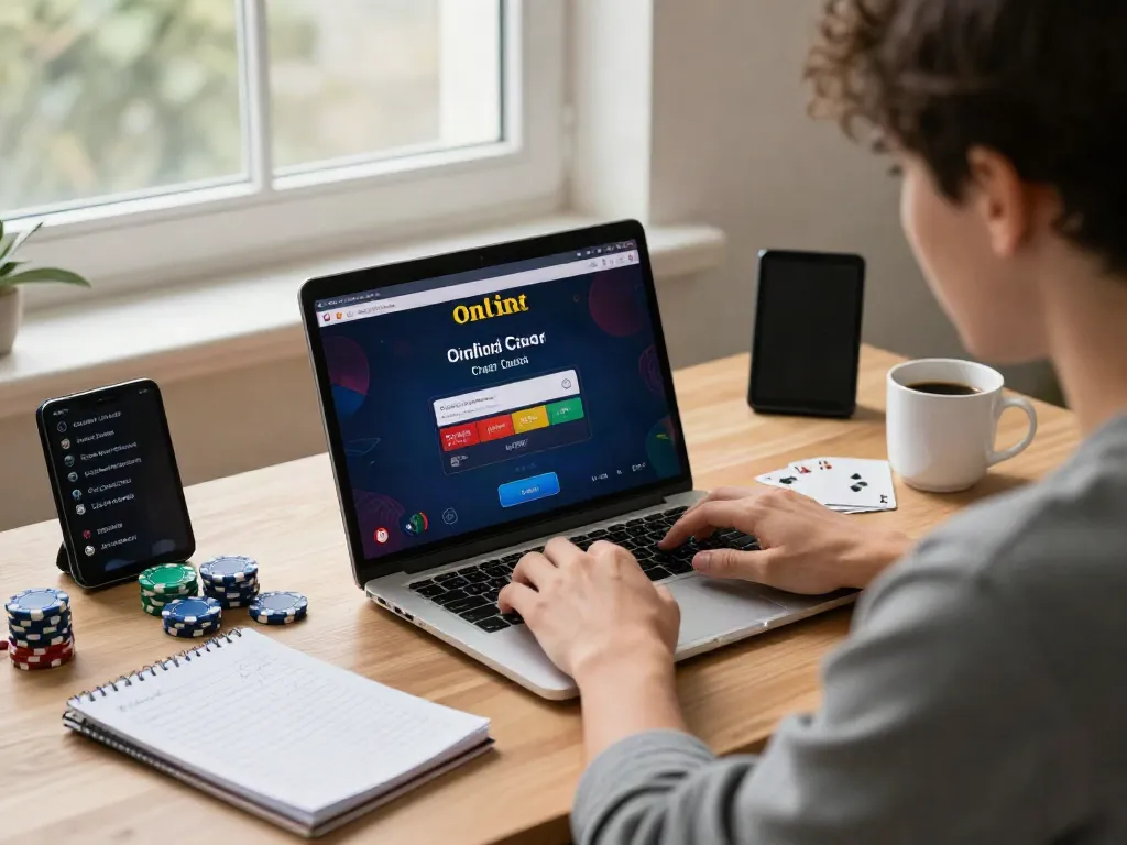 Gambler using laptops at home, exploring casinos that take credit cards with gaming items around.