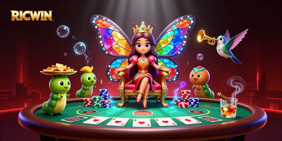 Play thrilling poker at RICWIN with a vibrant butterfly queen and dynamic chip stacks.