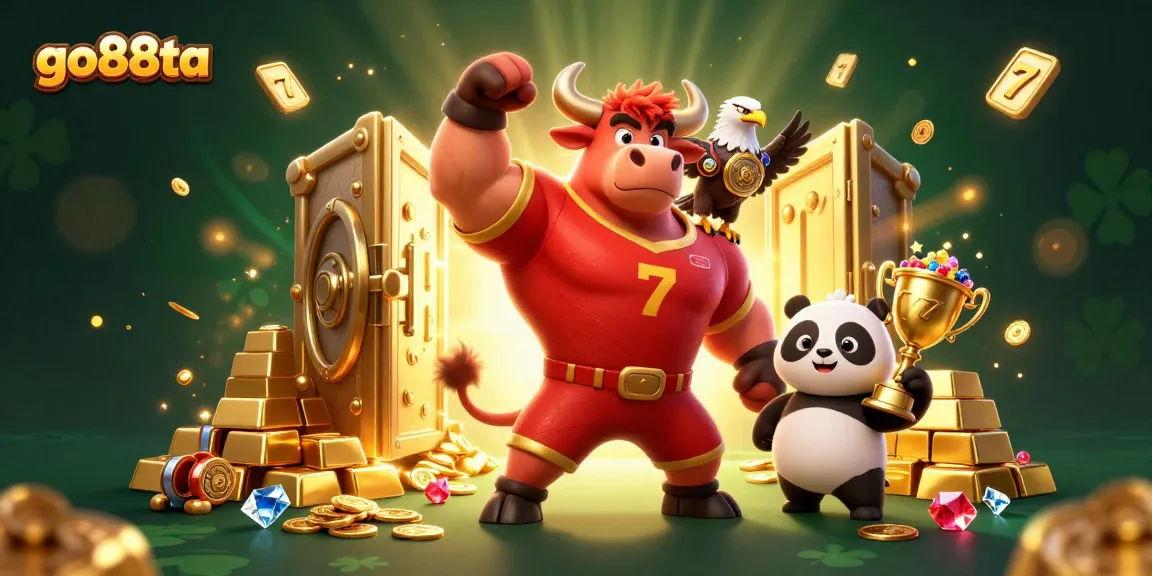 Engage with go88ta's vibrant casino scene featuring characters celebrating wins amidst dynamic slot reels and treasures.