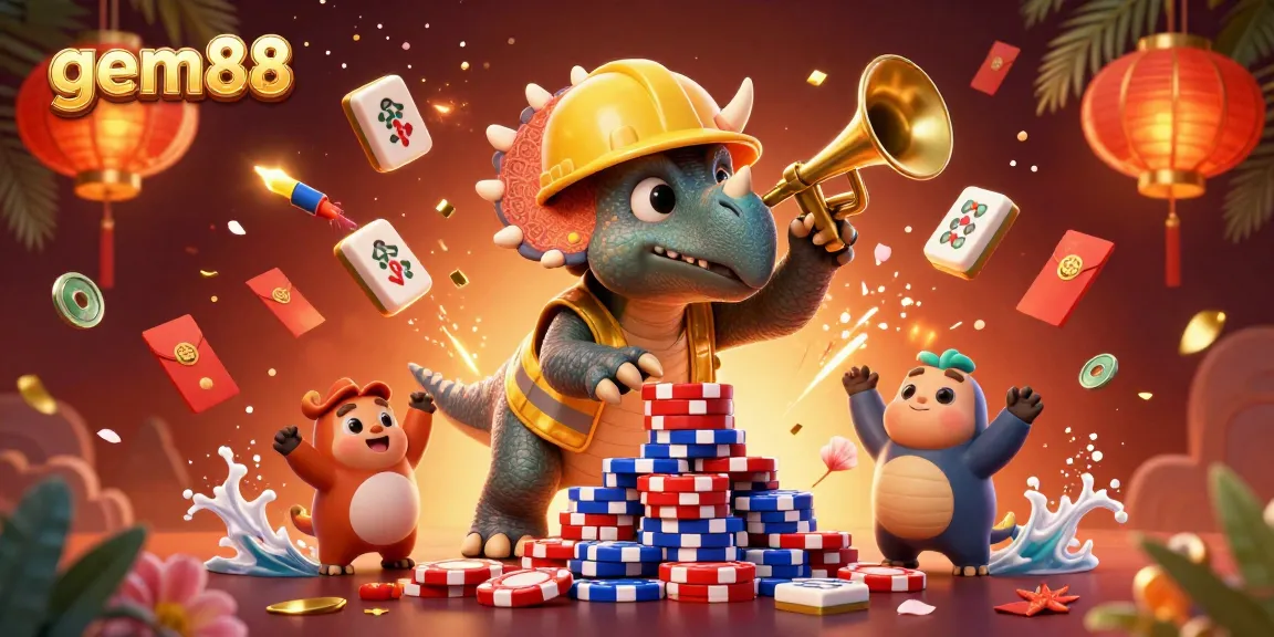 Experience gem88 excitement with triceratops stacking poker chips in a vibrant casino celebration.