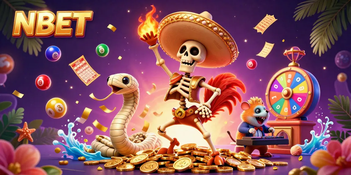Celebrate big wins with NBET, featuring vibrant characters and dynamic gambling elements in an energetic casino scene.