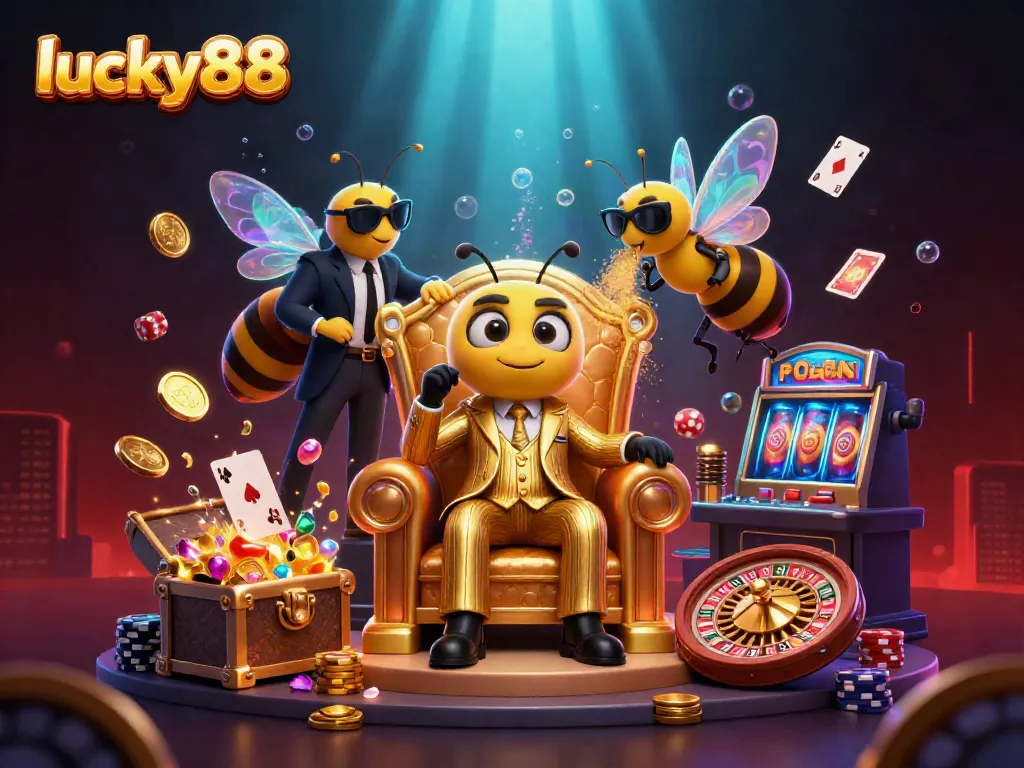 Experience the lively scene of lucky88 with a vibrant cartoon mob boss, exciting casino elements, and colorful treasure.